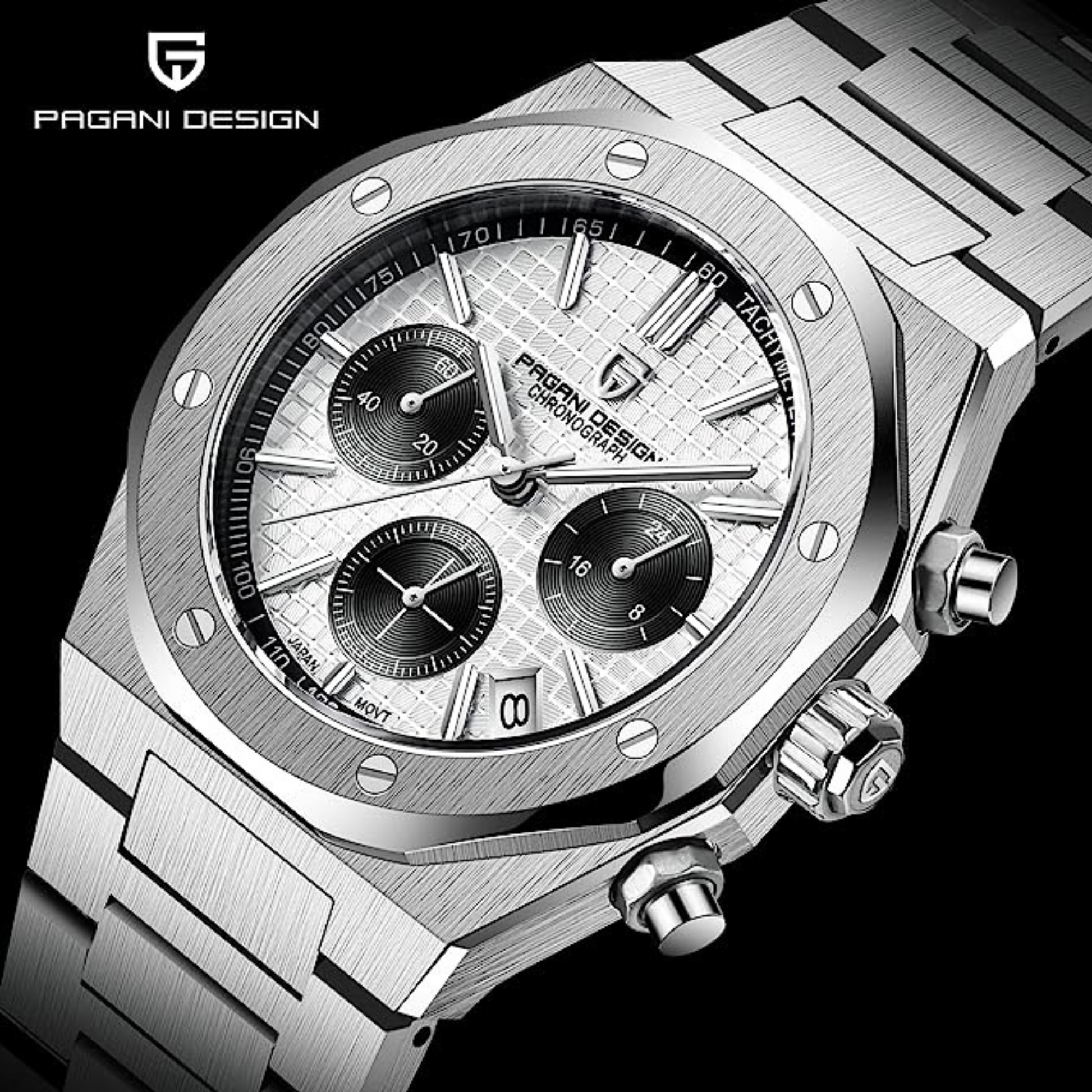 Pagani Design PD-1707 Royal Oak Men's 40mm Seiko VK63 Movement Watch 100M Waterproof Sapphire Crystal Stainless Steel Luminous Watch - White Dial