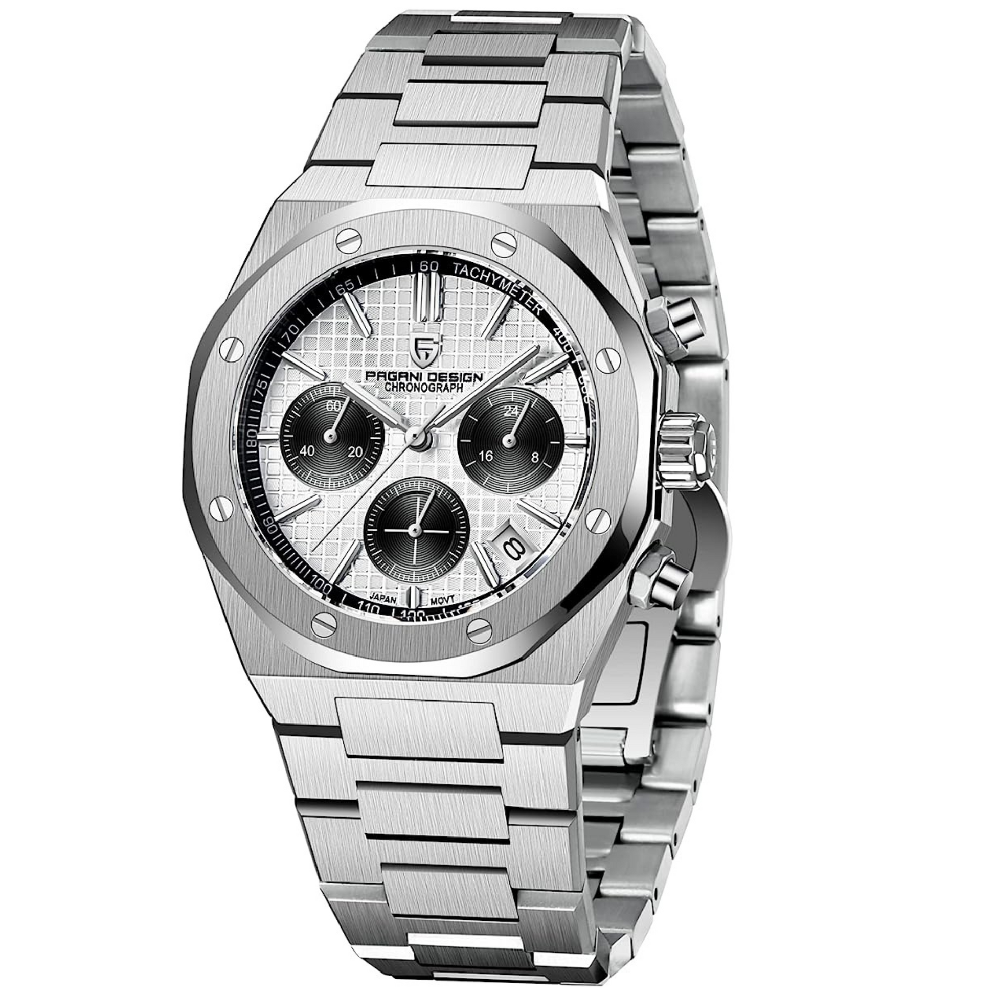 Pagani Design PD-1707 Royal Oak Men's 40mm Seiko VK63 Movement Watch 100M Waterproof Sapphire Crystal Stainless Steel Luminous Watch - White Dial