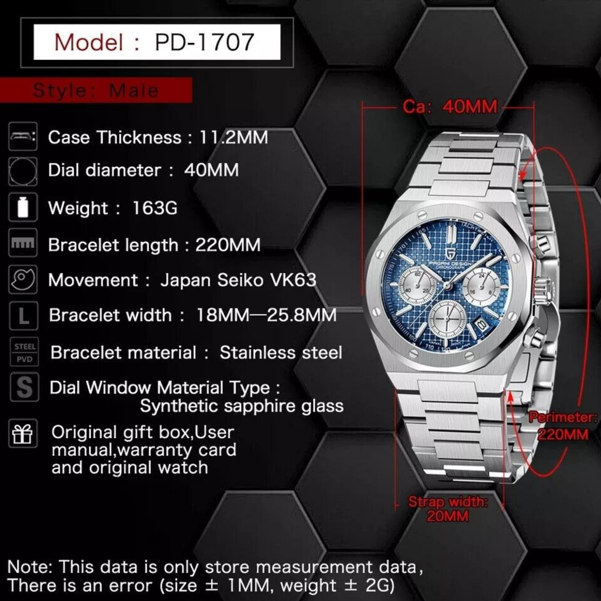Pagani Design PD-1707 Royal Oak Men's 40mm Seiko VK63 Movement Watch 100M Waterproof Sapphire Crystal Stainless Steel Luminous Watch - Blue Dial