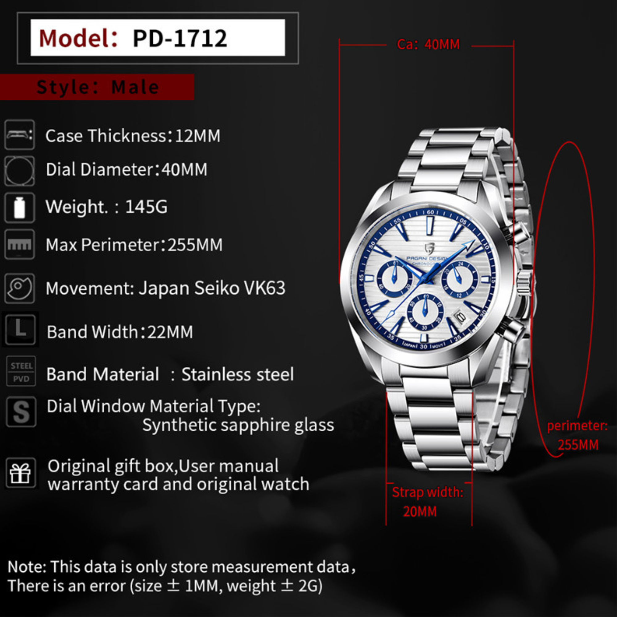 Pagani Design PD-1712 Chronograph Luxury Waterproof Stainless Steel Men's Watch 40MM Watch (Movement Japanese VK63) White Dial