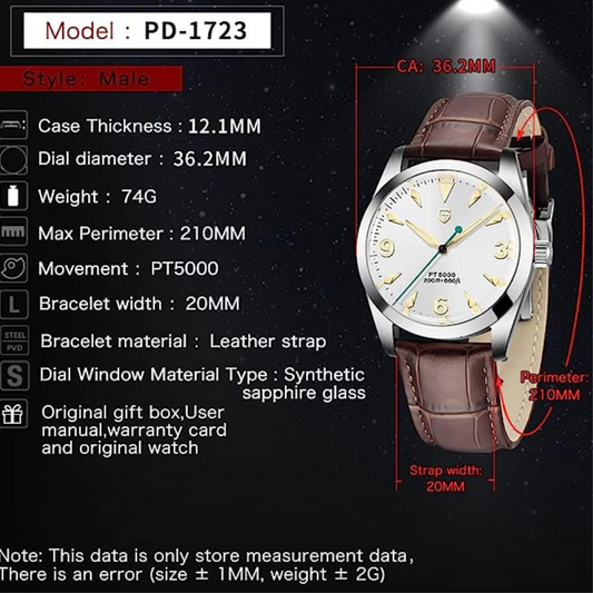 Pagani Design PD-1723 Air King 36 mm 200 m Waterproof PT5000 Automatic Mechanical Watch AR Sapphire crystal Luminous Stainless steel Business Watch - White Dial with Leather Strap