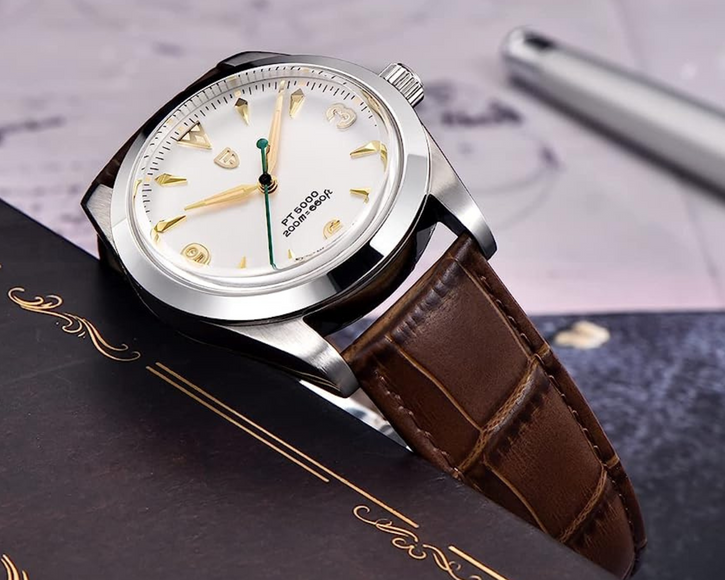 Pagani Design PD-1723 Air King 36 mm 200 m Waterproof PT5000 Automatic Mechanical Watch AR Sapphire crystal Luminous Stainless steel Business Watch - White Dial with Leather Strap