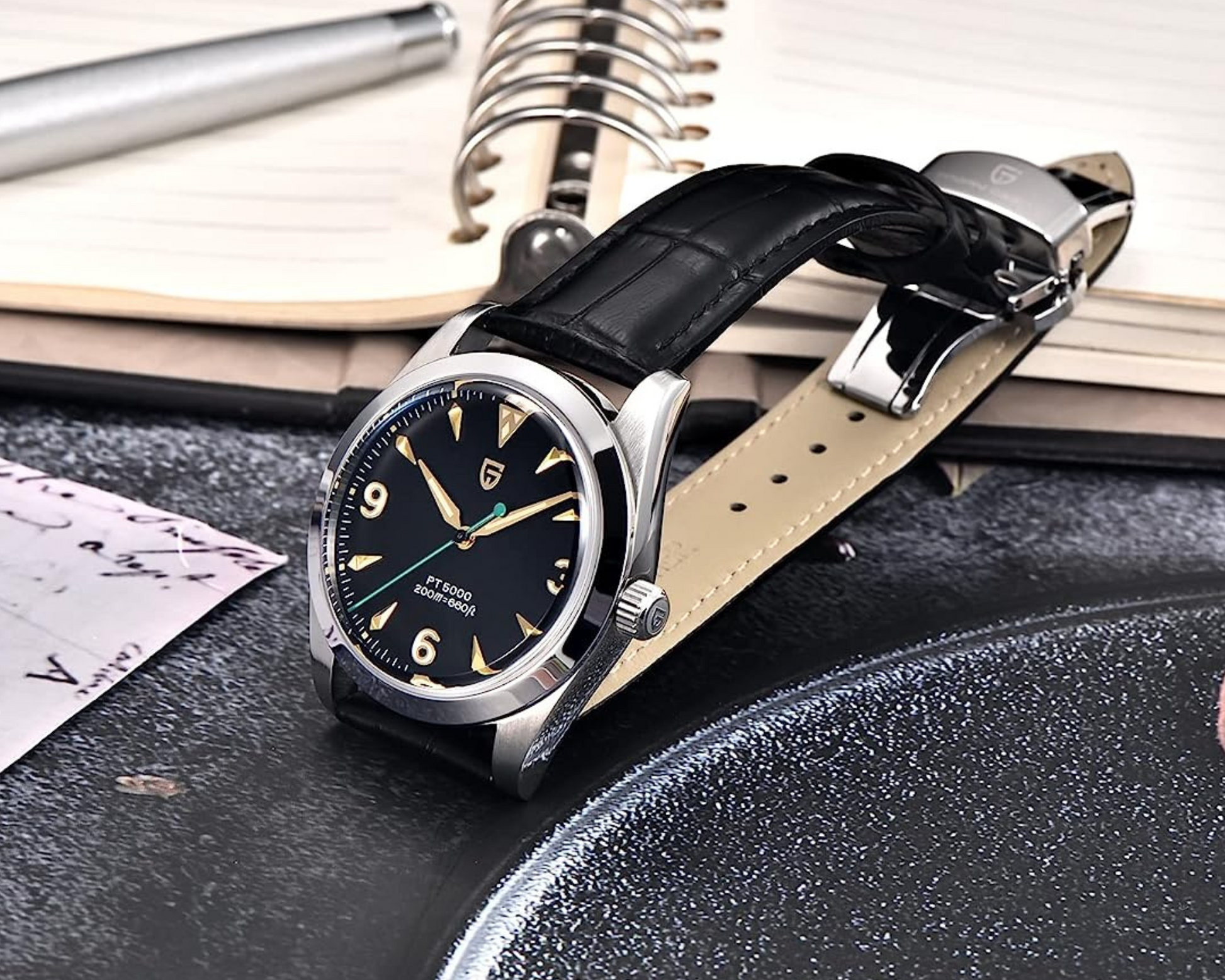 Pagani Design PD-1723 Air King 36 mm 200 m Waterproof PT5000 Automatic Mechanical Watch AR Sapphire crystal Luminous Stainless steel Business Watch - Black Dial with Leather Strap