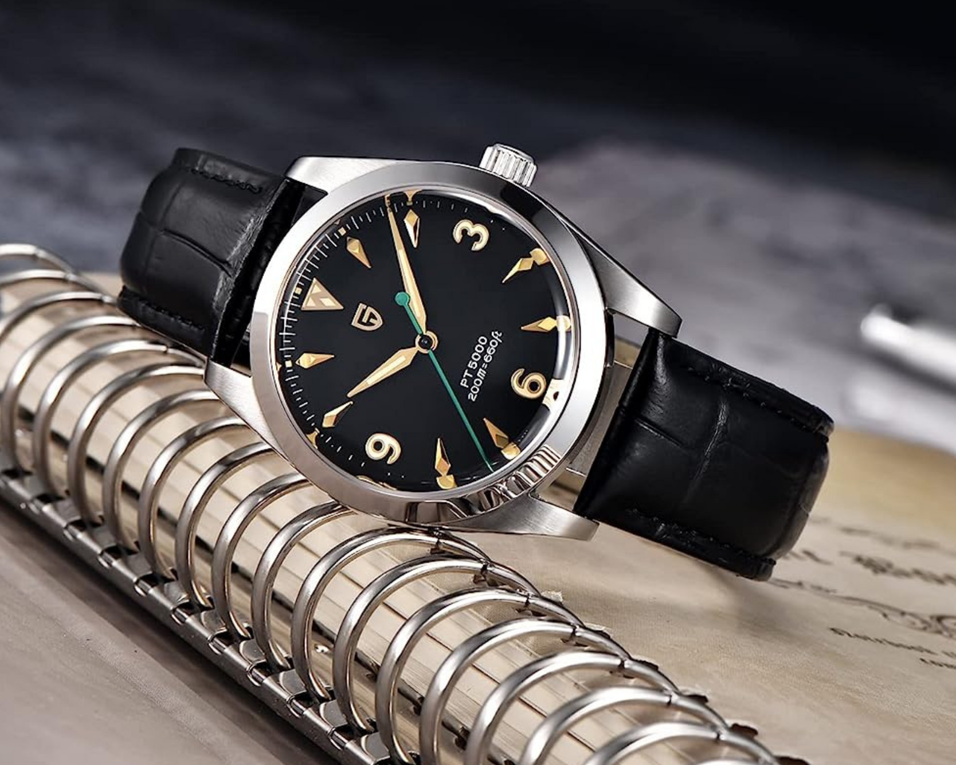 Pagani Design PD-1723 Air King 36 mm 200 m Waterproof PT5000 Automatic Mechanical Watch AR Sapphire crystal Luminous Stainless steel Business Watch - Black Dial with Leather Strap