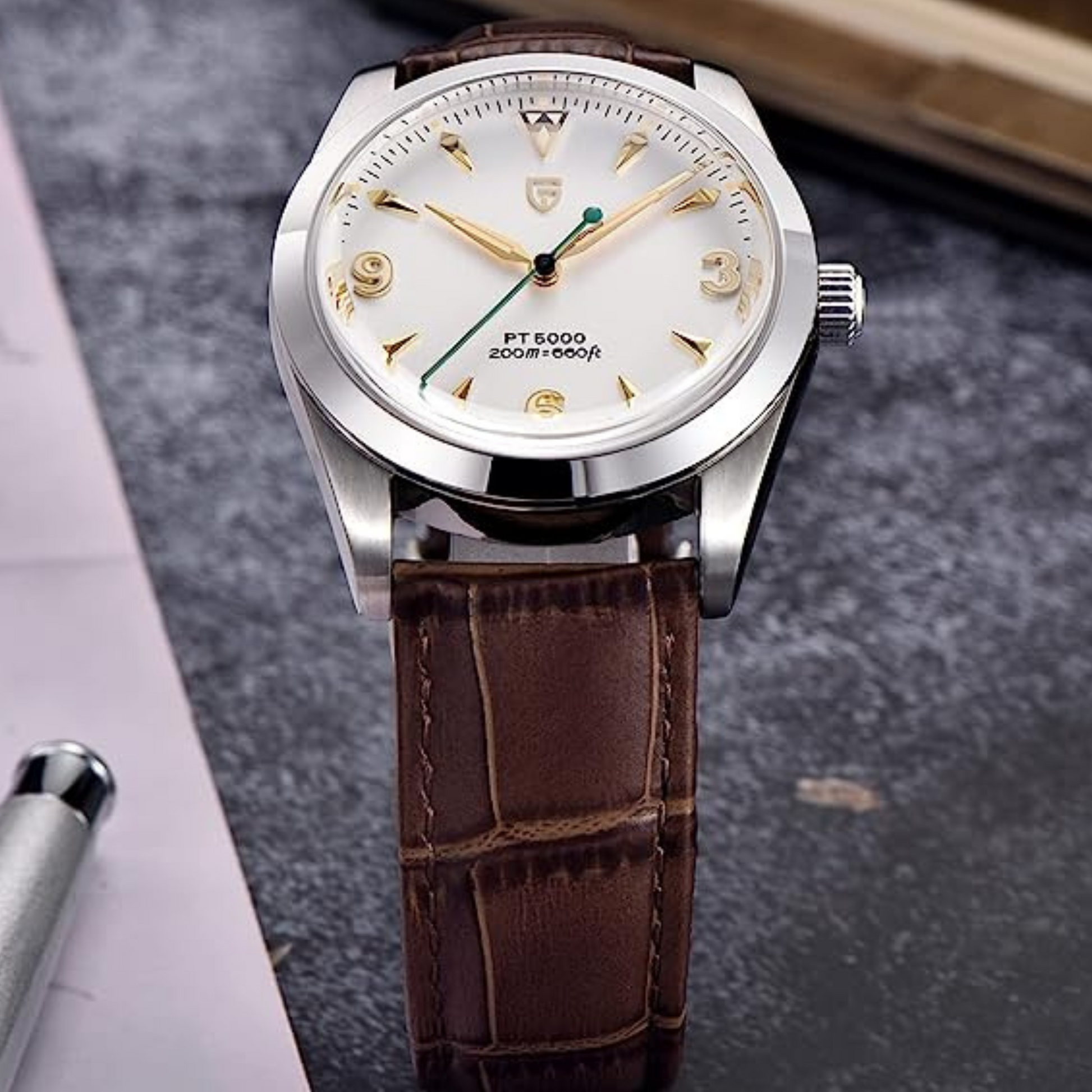 Pagani Design PD-1723 Air King 36 mm 200 m Waterproof PT5000 Automatic Mechanical Watch AR Sapphire crystal Luminous Stainless steel Business Watch - White Dial with Leather Strap