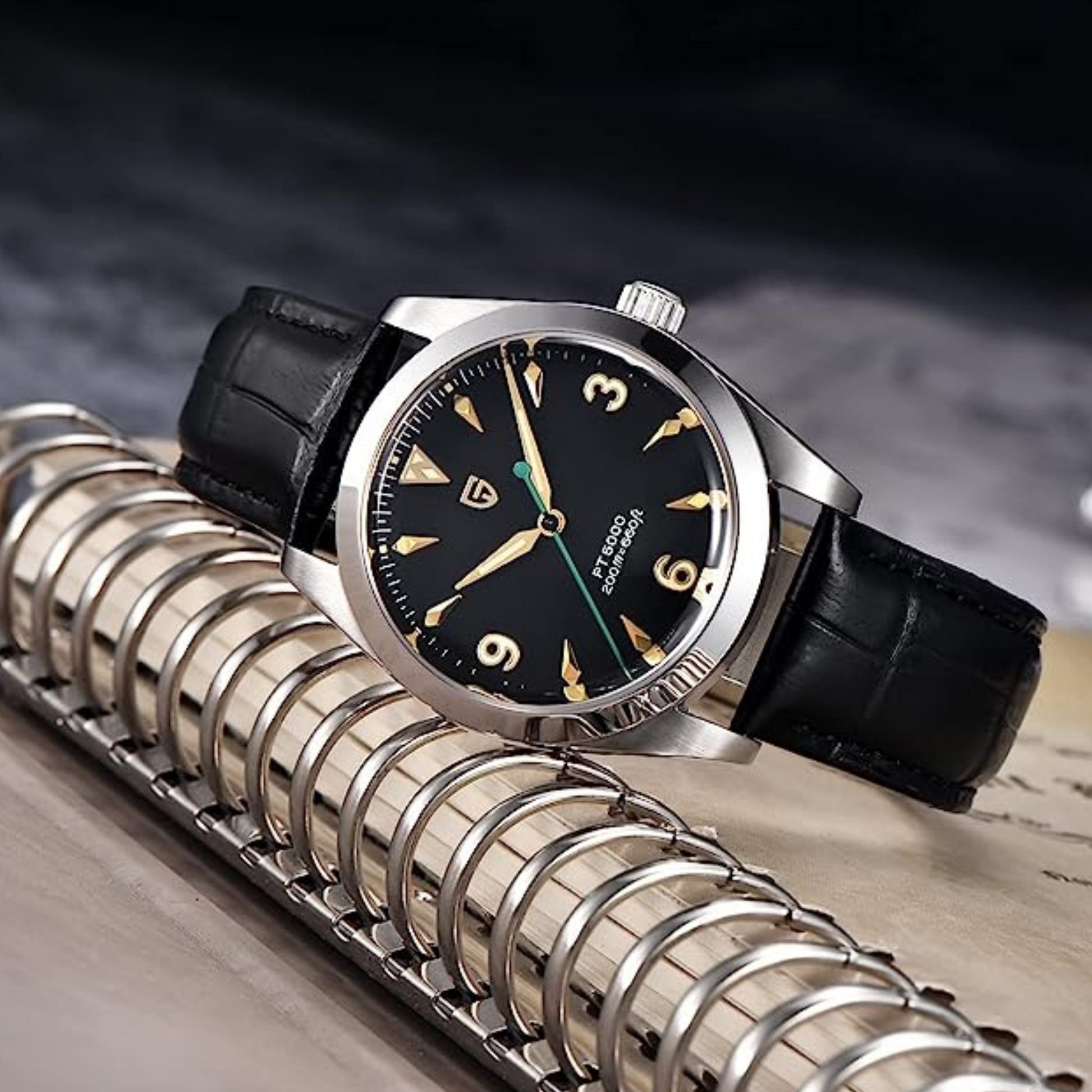 Pagani Design PD-1723 Air King 36 mm 200 m Waterproof PT5000 Automatic Mechanical Watch AR Sapphire crystal Luminous Stainless steel Business Watch - Black Dial with Leather Strap