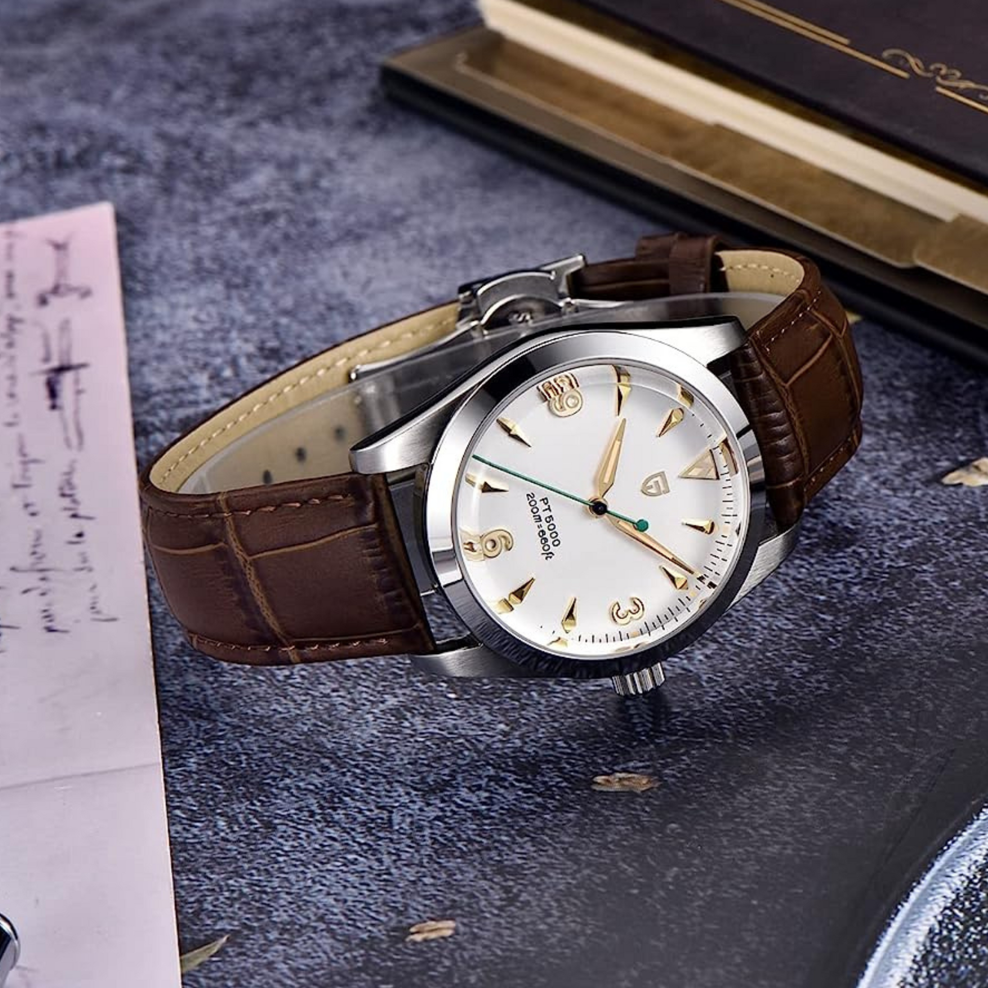 Pagani Design PD-1723 Air King 36 mm 200 m Waterproof PT5000 Automatic Mechanical Watch AR Sapphire crystal Luminous Stainless steel Business Watch - White Dial with Leather Strap