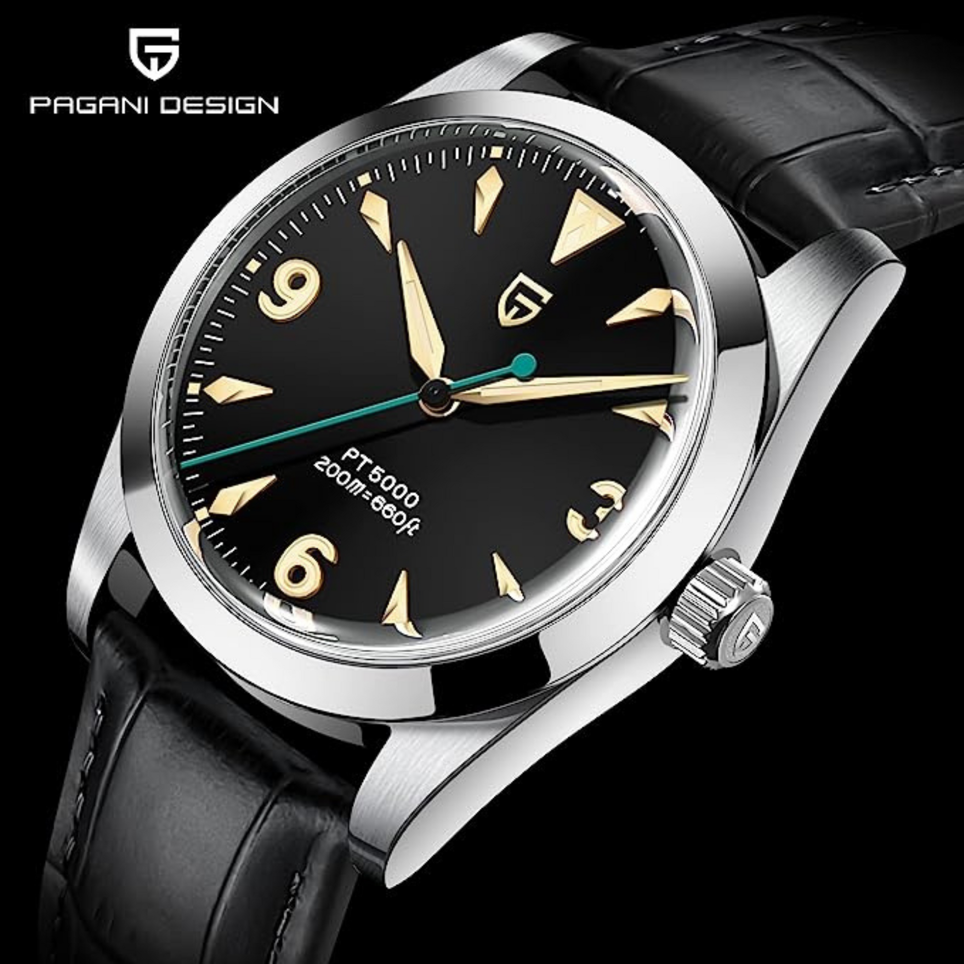 Pagani Design PD-1723 Air King 36 mm 200 m Waterproof PT5000 Automatic Mechanical Watch AR Sapphire crystal Luminous Stainless steel Business Watch - Black Dial with Leather Strap