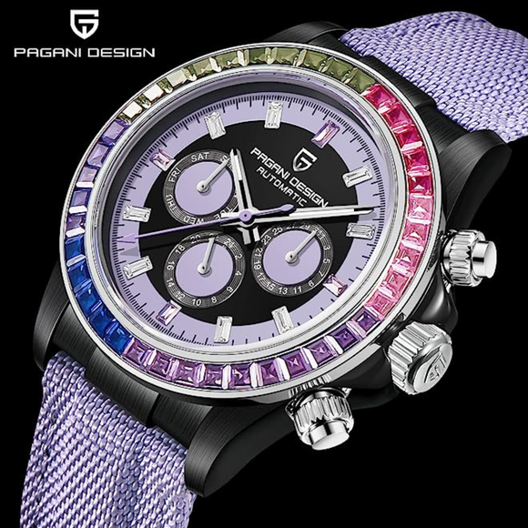 Pagani Design PD-1732 Watches for Men Luxury Automatic Mechanical Watch 40mm Rainbow Bezel Casual Fashion Sport Chronograph Wristwatches Waterproof 200M - Purple