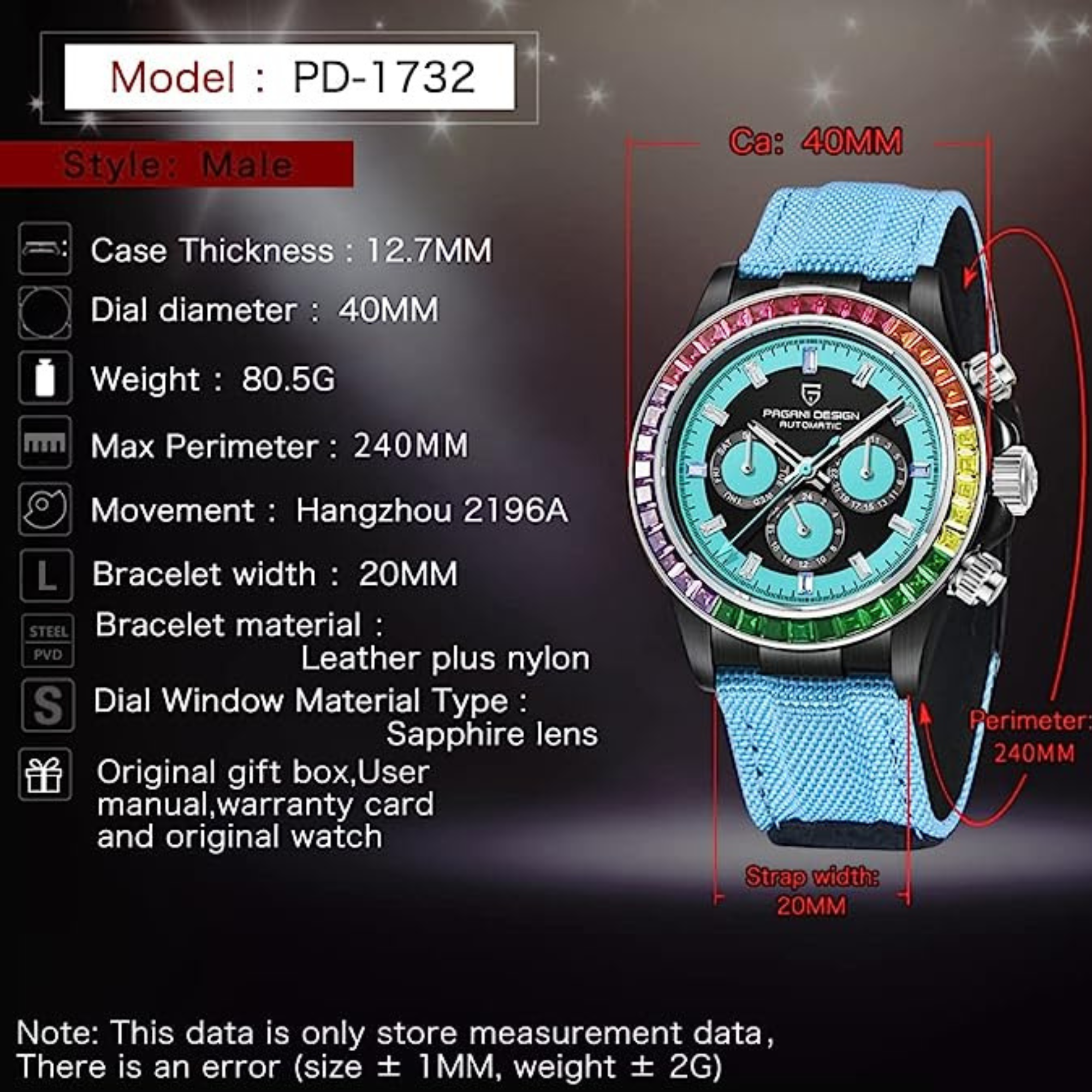 Pagani Design PD-1732 Watches for Men Luxury Automatic Mechanical Watch 40mm Rainbow Bezel Casual Fashion Sport Chronograph Wristwatches Waterproof 200M - Blue