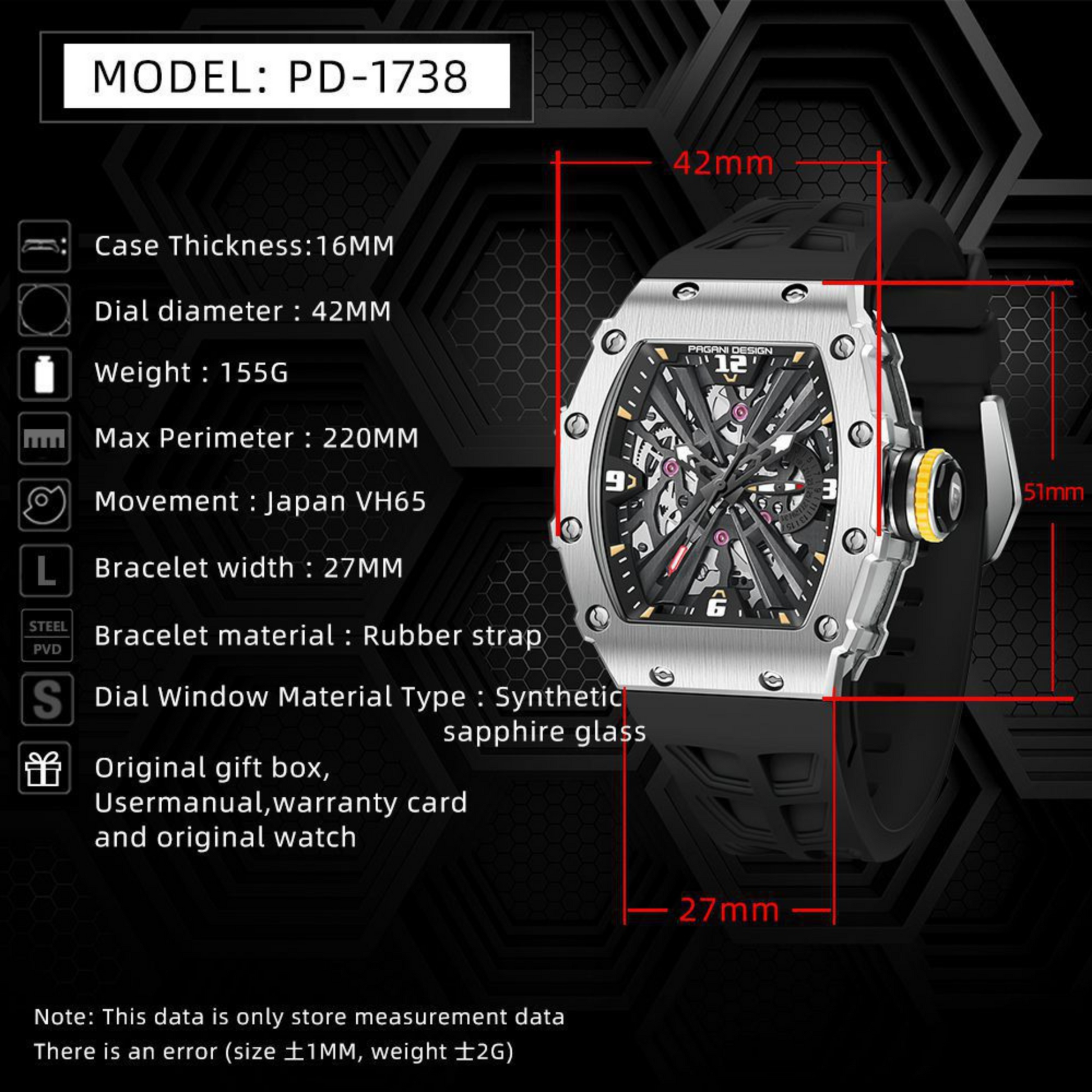 PAGANI DESIGN PD-1738  Waterproof Stainless Steel Skeleton Wristwatch Sport Chronograph Watch for Men - VH65 Movement
