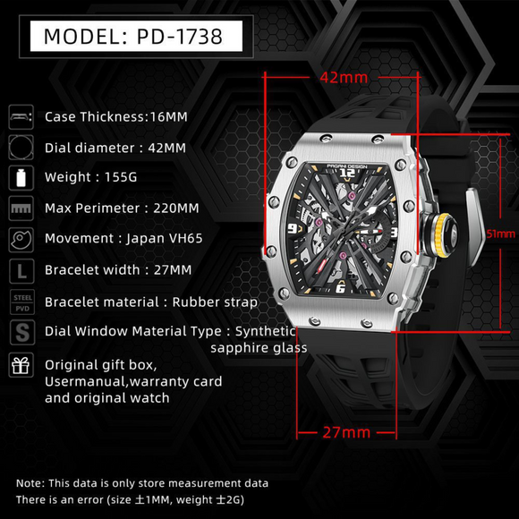PAGANI DESIGN PD-1738  Waterproof Stainless Steel Skeleton Wristwatch Sport Chronograph Watch for Men - VH65 Movement