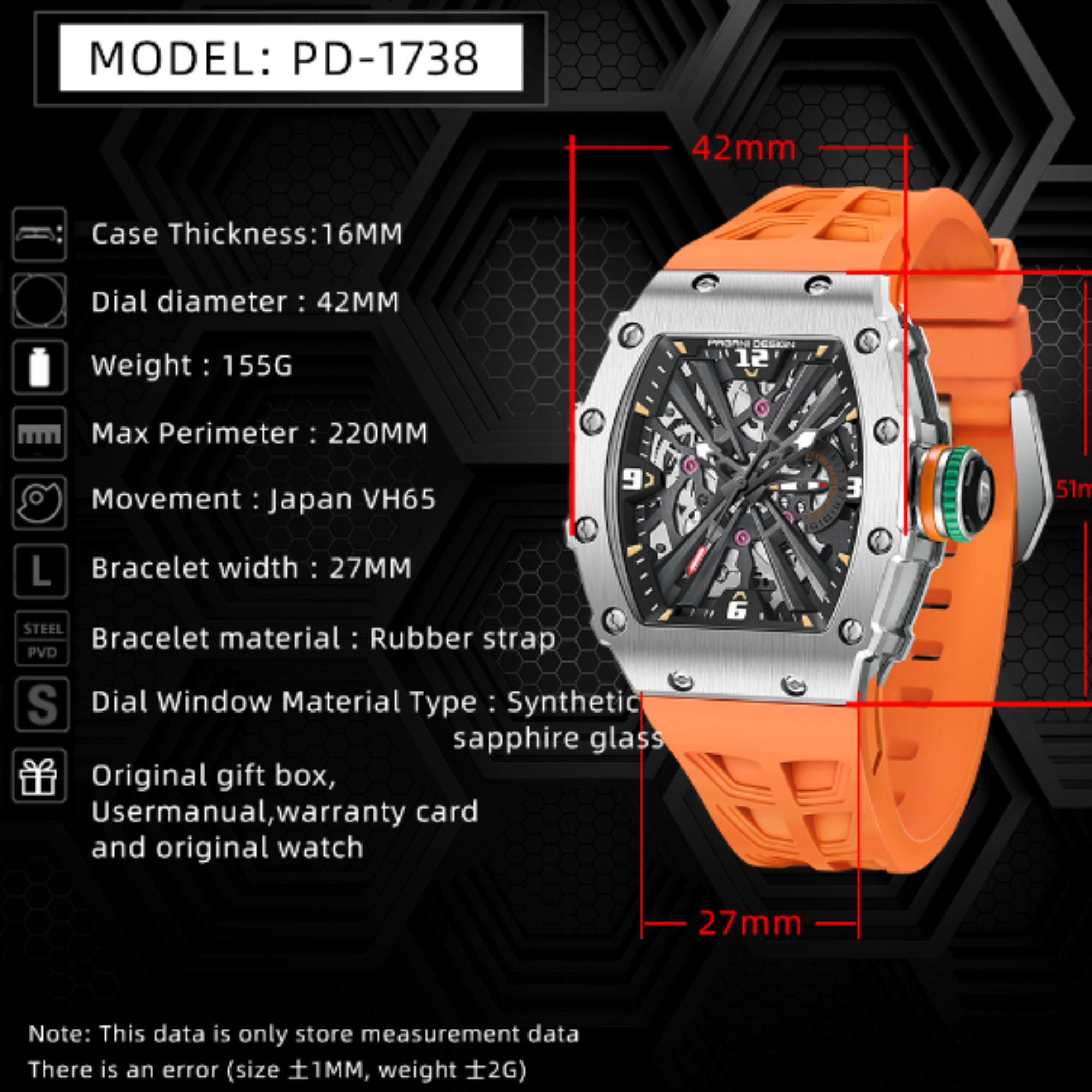 PAGANI DESIGN PD-1738  Waterproof Stainless Steel Skeleton Wristwatch Sport Chronograph Watch for Men - VH65 Movement