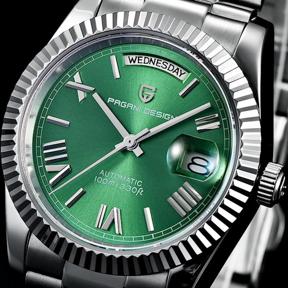 Pagani Design PD-1752 Presidential Day-Date Homage Automatic Movement (ST-16) | Stainless Steel Dial Men's 36 MM Watch | Green Dial