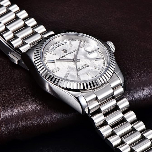 Pagani Design PD-1752 Presidential Day-Date Homage Automatic Movement (ST-16) | Stainless Steel Dial Men's 36 MM Watch | White Meteorite Dial