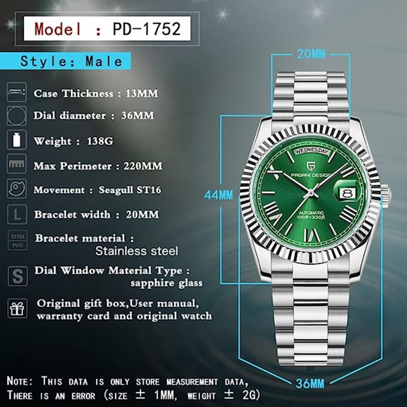 Pagani Design PD-1752 Presidential Day-Date Homage Automatic Movement (ST-16) | Stainless Steel Dial Men's 36 MM Watch | Green Dial