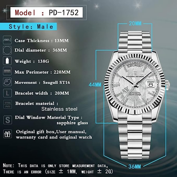 Pagani Design PD-1752 Presidential Day-Date Homage Automatic Movement (ST-16) | Stainless Steel Dial Men's 36 MM Watch | White Meteorite Dial