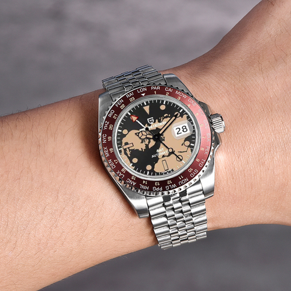 Pagani Design PD-1758 Seiko NH34 Movement equipped with AR AF Anti-Radiation Coating Automatic Watch Stainless Steel Men's ( Maroon Map - Jubilee Bracelet)