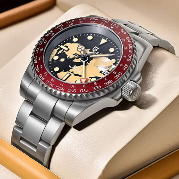 Pagani Design PD-1758 Seiko NH34 Movement equipped with AR AF Anti-Radiation Coating Automatic Watch Stainless Steel Men's ( Maroon Map - Oyster Bracelet)