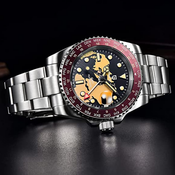 Pagani Design PD-1758 Seiko NH34 Movement equipped with AR AF Anti-Radiation Coating Automatic Watch Stainless Steel Men's ( Maroon Map - Oyster Bracelet)