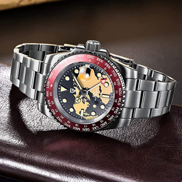 Pagani Design PD-1758 Seiko NH34 Movement equipped with AR AF Anti-Radiation Coating Automatic Watch Stainless Steel Men's ( Maroon Map - Oyster Bracelet)