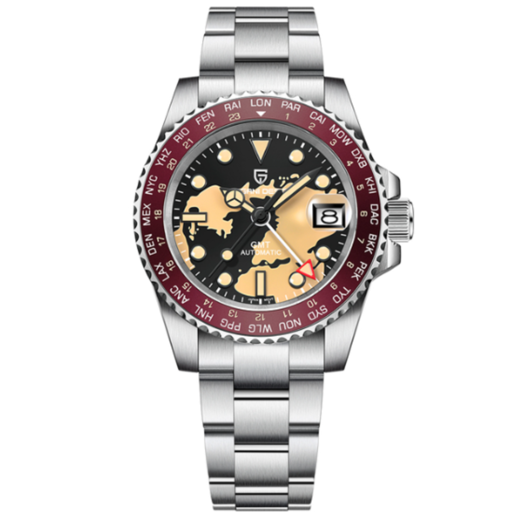 Pagani Design PD-1758 Seiko NH34 Movement equipped with AR AF Anti-Radiation Coating Automatic Watch Stainless Steel Men's ( Maroon Map - Oyster Bracelet)