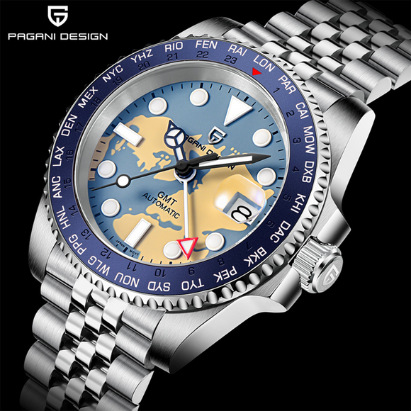 Pagani Design PD-1758 Seiko NH34 Movement equipped with AR AF Anti-Radiation Coating Automatic Watch Stainless Steel Men's ( Blue Map - Oyster Bracelet)