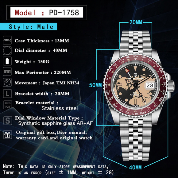 Pagani Design PD-1758 Seiko NH34 Movement equipped with AR AF Anti-Radiation Coating Automatic Watch Stainless Steel Men's ( Maroon Map - Oyster Bracelet)