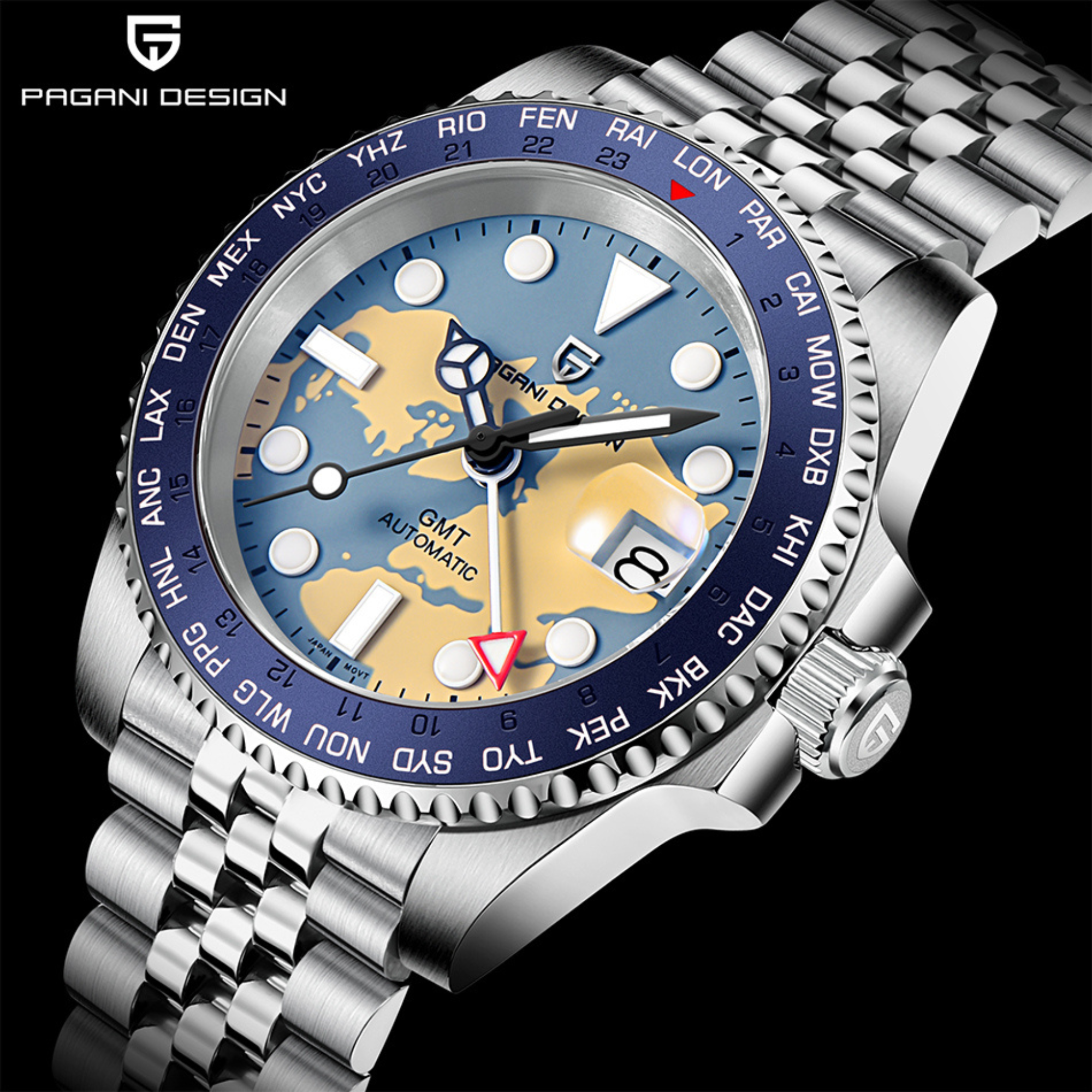 Pagani Design PD-1758 Seiko NH34 Movement equipped with AR AF Anti-Radiation Coating Automatic Watch Stainless Steel Men's ( Blue Map - Jubilee Bracelet)