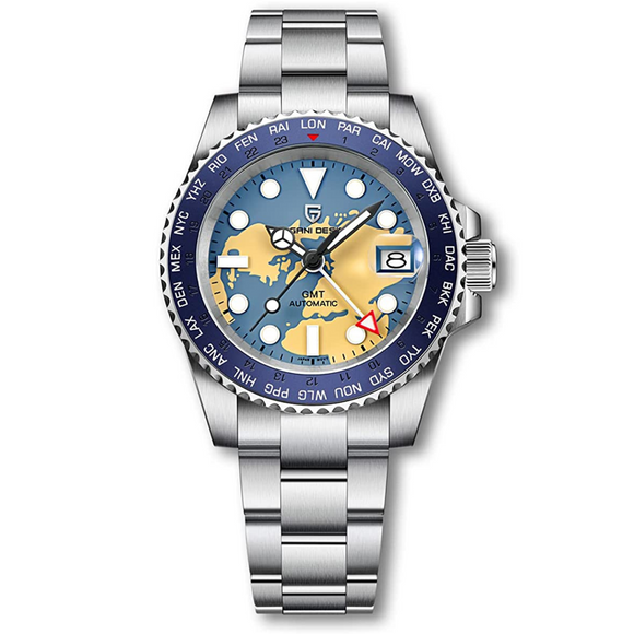 Pagani Design PD-1758 Seiko NH34 Movement equipped with AR AF Anti-Radiation Coating Automatic Watch Stainless Steel Men's ( Blue Map - Oyster Bracelet)