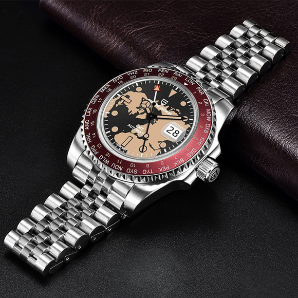 Pagani Design PD-1758 Seiko NH34 Movement equipped with AR AF Anti-Radiation Coating Automatic Watch Stainless Steel Men's ( Maroon Map - Jubilee Bracelet)