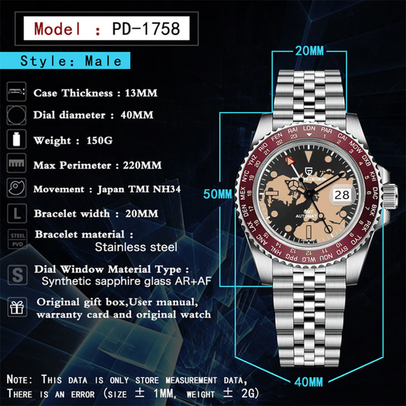 Pagani Design PD-1758 Seiko NH34 Movement equipped with AR AF Anti-Radiation Coating Automatic Watch Stainless Steel Men's ( Maroon Map - Jubilee Bracelet)