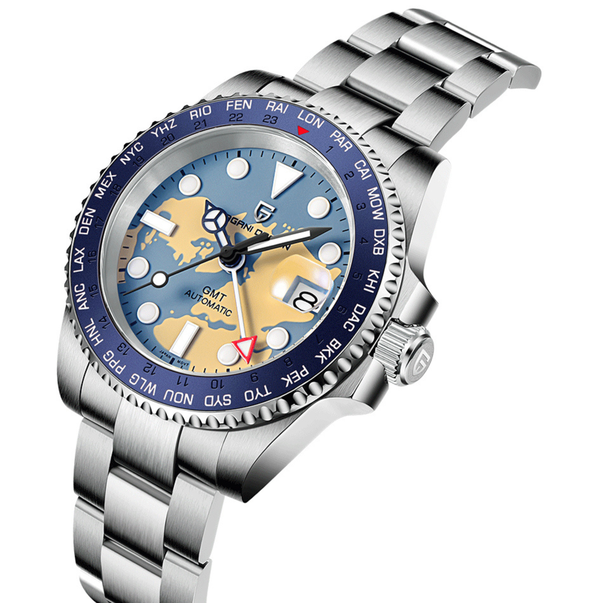 Pagani Design PD-1758 Seiko NH34 Movement equipped with AR AF Anti-Radiation Coating Automatic Watch Stainless Steel Men's ( Blue Map - Oyster Bracelet)