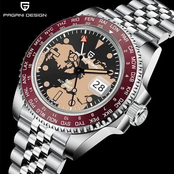 Pagani Design PD-1758 Seiko NH34 Movement equipped with AR AF Anti-Radiation Coating Automatic Watch Stainless Steel Men's ( Maroon Map - Jubilee Bracelet)