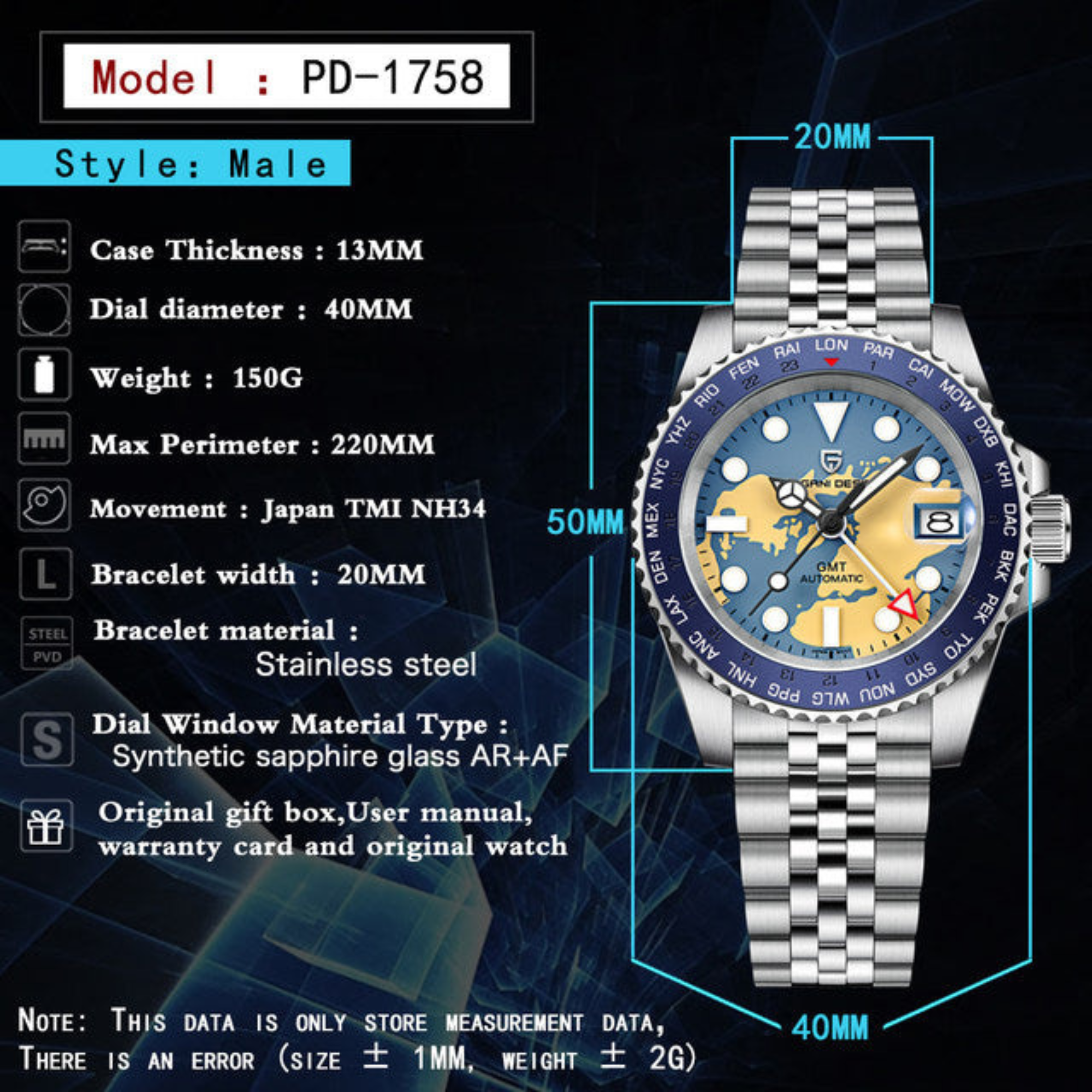 Pagani Design PD-1758 Seiko NH34 Movement equipped with AR AF Anti-Radiation Coating Automatic Watch Stainless Steel Men's ( Blue Map - Oyster Bracelet)