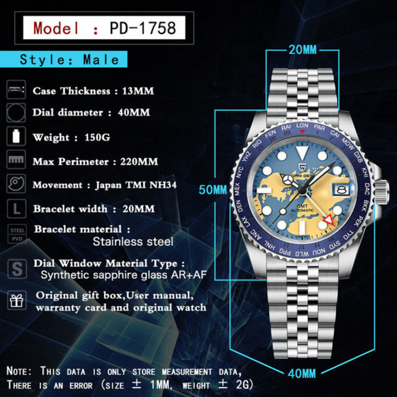 Pagani Design PD-1758 Seiko NH34 Movement equipped with AR AF Anti-Radiation Coating Automatic Watch Stainless Steel Men's ( Blue Map - Jubilee Bracelet)