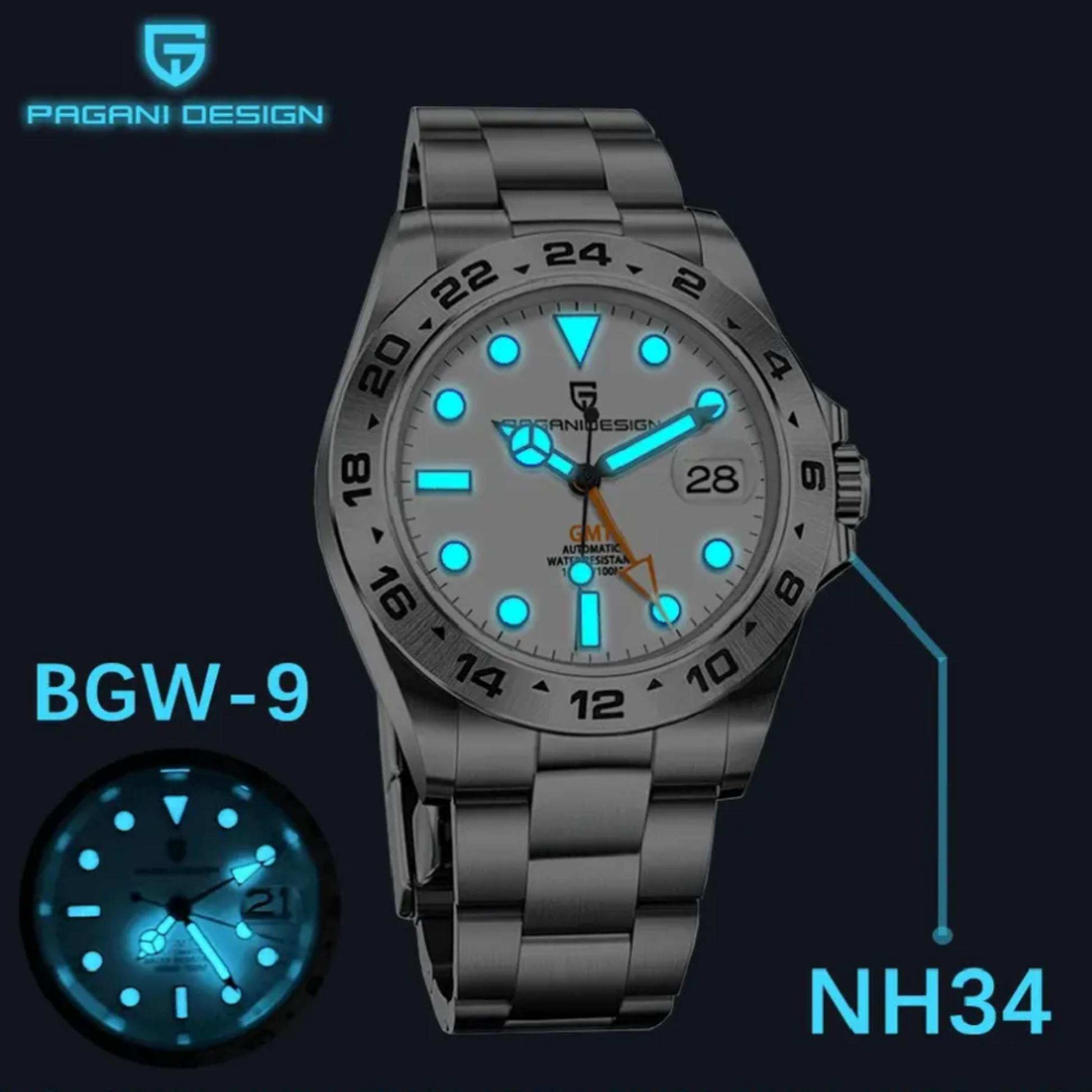 Pagani Design PD-1762 Seiko NH34 Movement equipped with AR AF Anti-Radiation Coating Automatic Watch Stainless Steel Men's (GMT Explorer II - White)