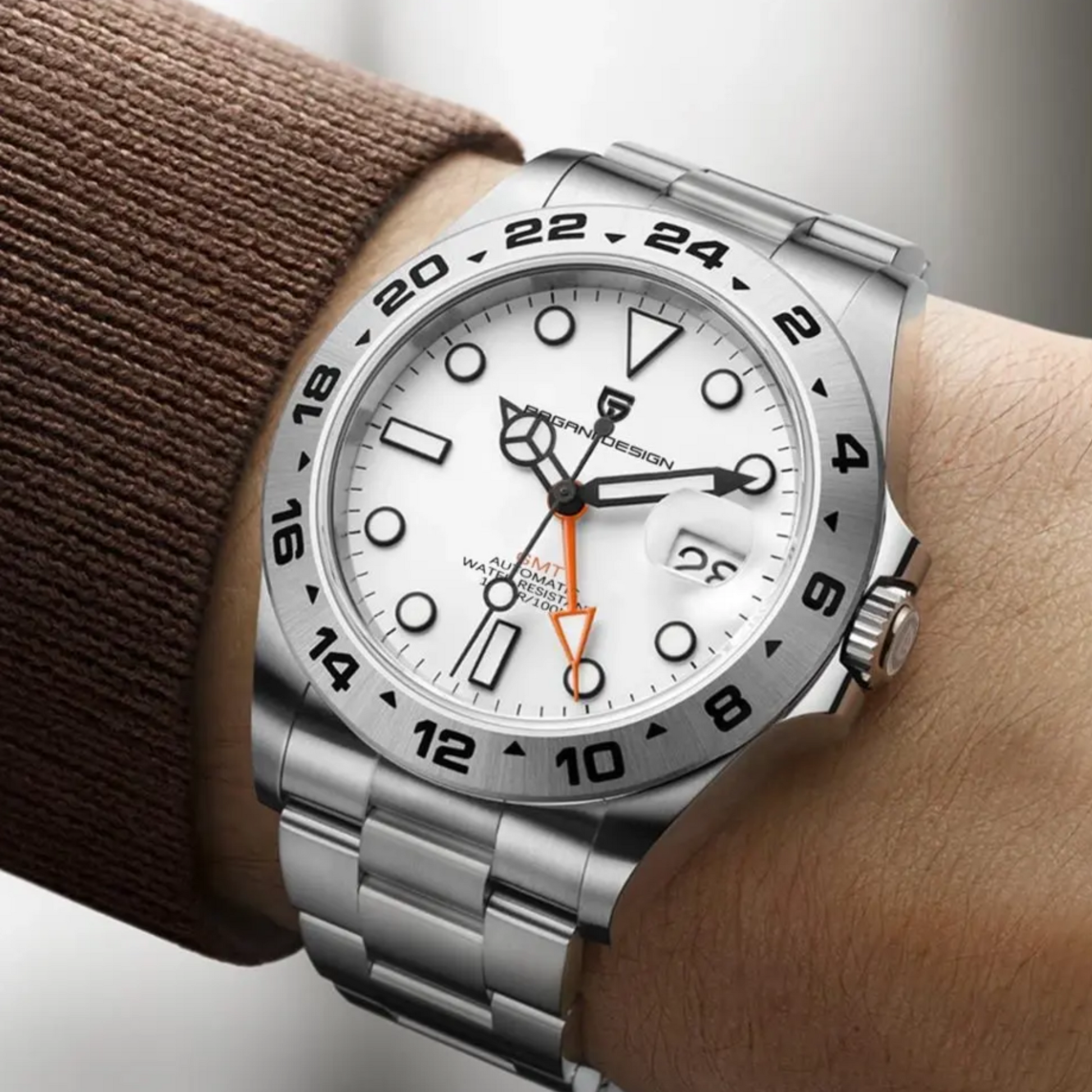 Pagani Design PD-1762 Seiko NH34 Movement equipped with AR AF Anti-Radiation Coating Automatic Watch Stainless Steel Men's (GMT Explorer II - White)