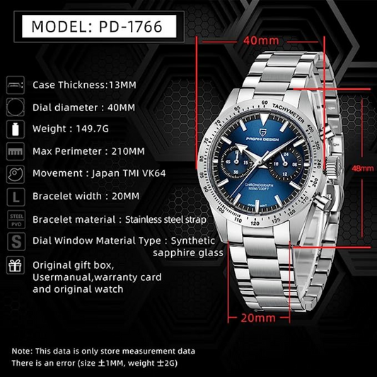 Pagani Design 1766 Homage Men's Chronograph Watches Stainless Steel 40mm Case VK64 Quartz Movement 100M Waterproof Casual Sport Retro Watch - Blue