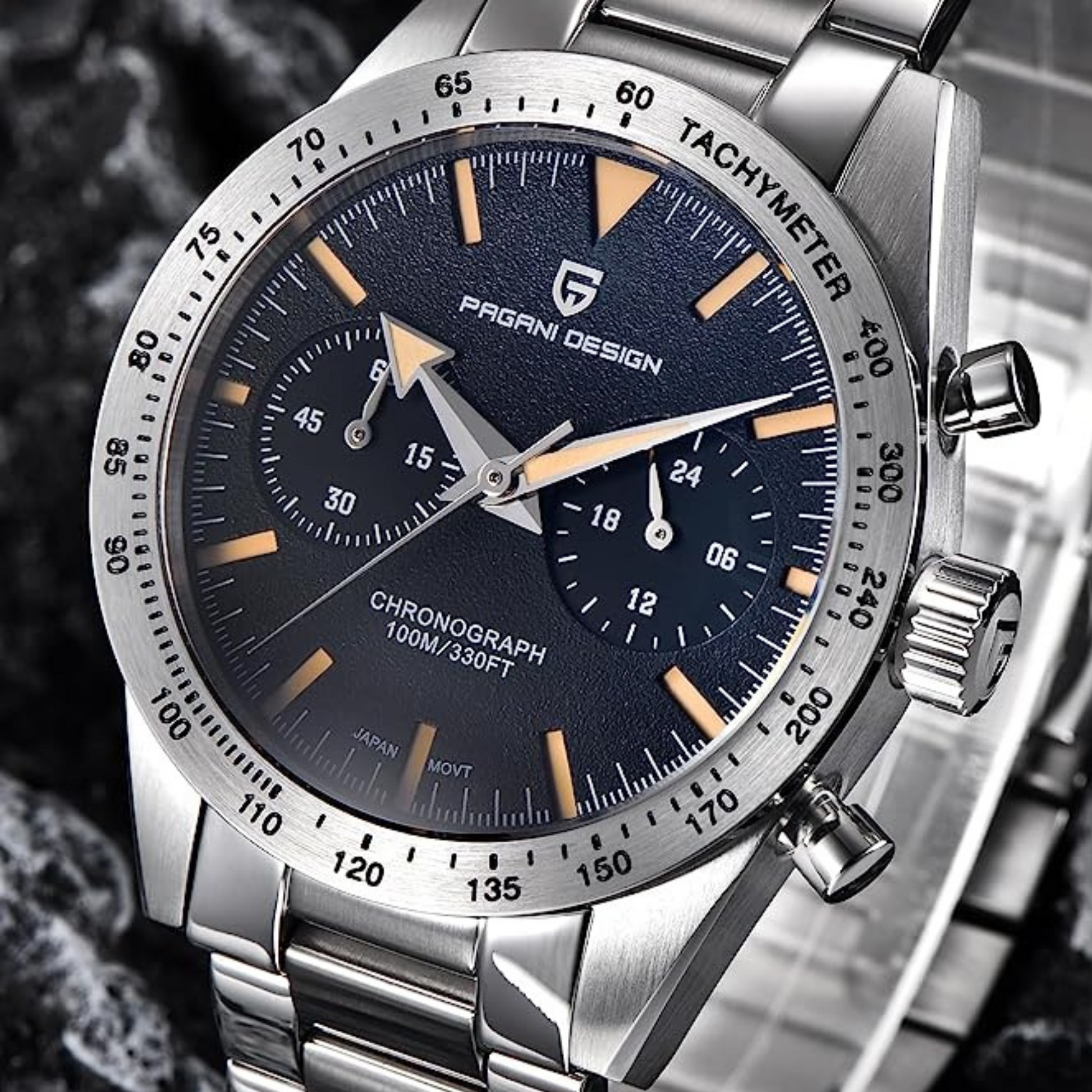 Pagani Design 1766 Homage Men's Chronograph Watches Stainless Steel 40mm Case VK64 Quartz Movement 100M Waterproof Casual Sport Retro Watch - Black