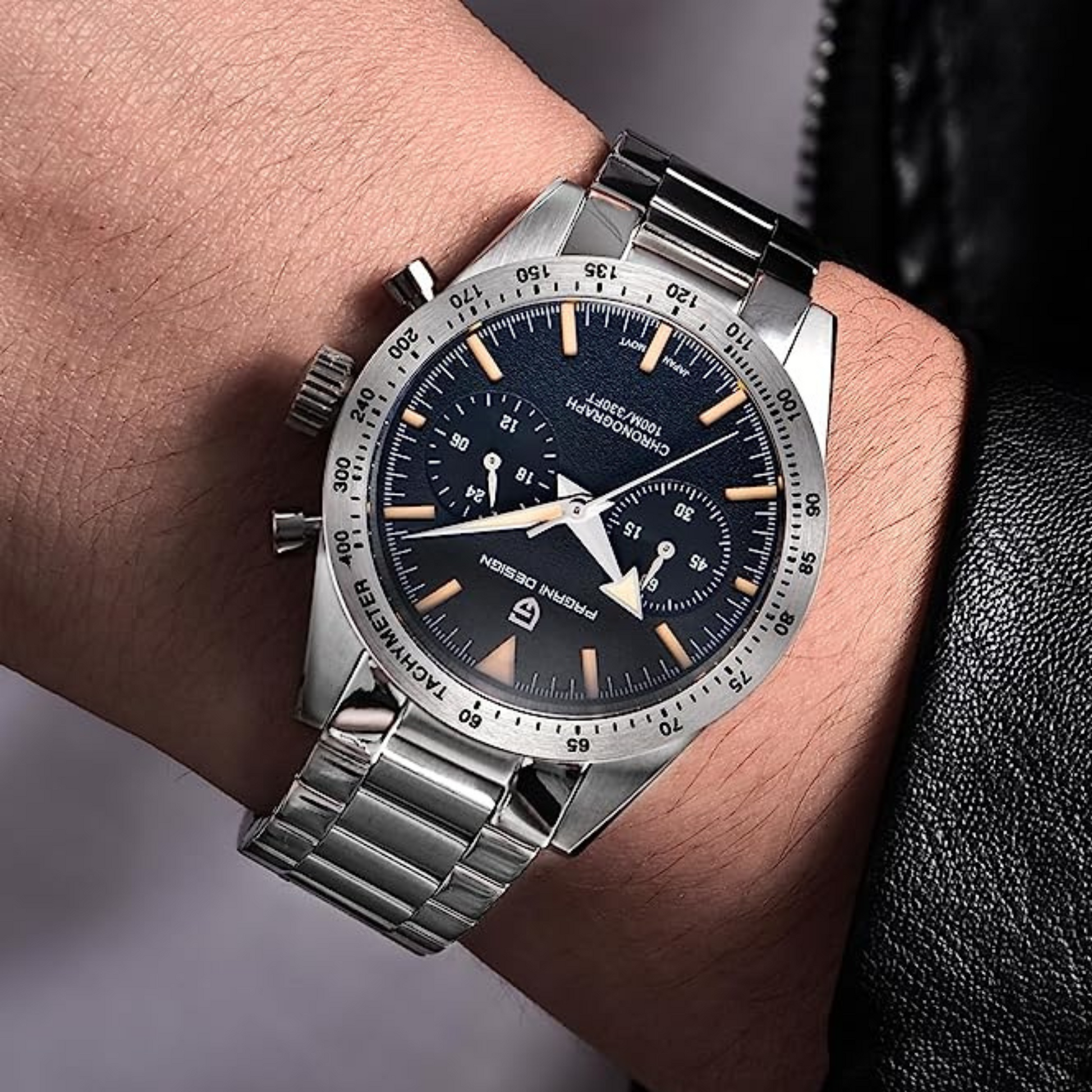 Pagani Design 1766 Homage Men's Chronograph Watches Stainless Steel 40mm Case VK64 Quartz Movement 100M Waterproof Casual Sport Retro Watch - Black
