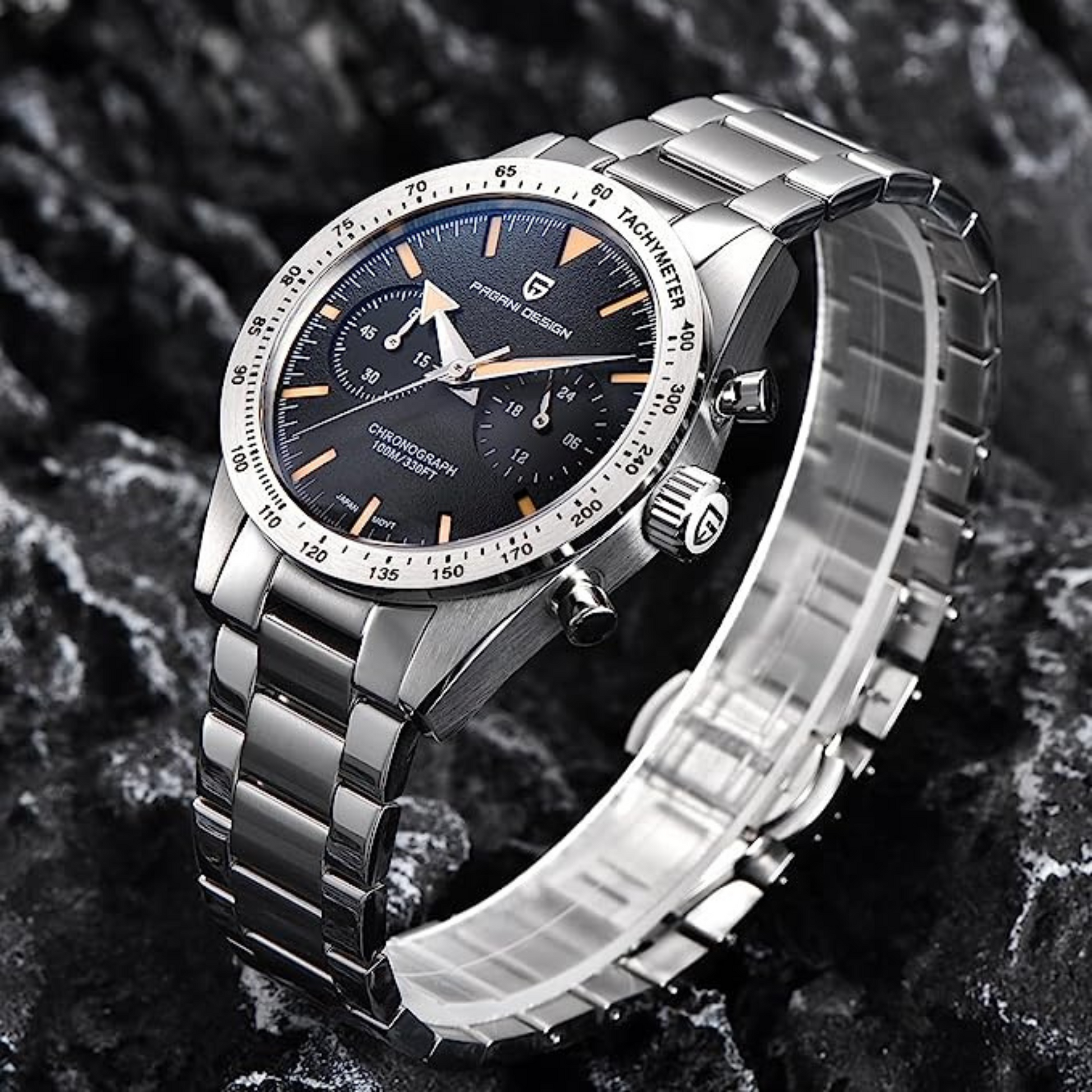 Pagani Design 1766 Homage Men's Chronograph Watches Stainless Steel 40mm Case VK64 Quartz Movement 100M Waterproof Casual Sport Retro Watch - Black