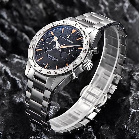 Pagani Design 1766 Homage Men's Chronograph Watches Stainless Steel 40mm Case VK64 Quartz Movement 100M Waterproof Casual Sport Retro Watch - Black