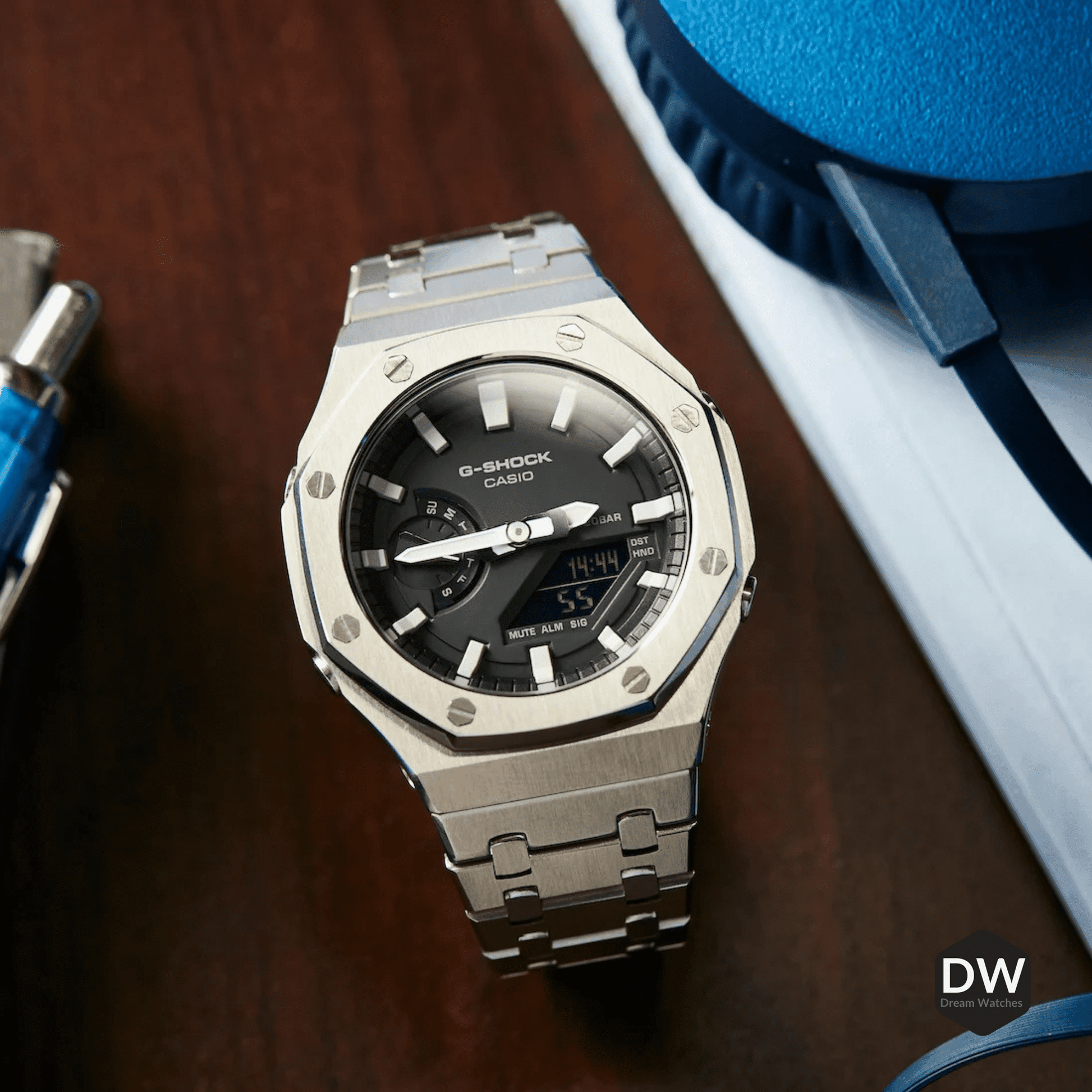 Mod Kit Metal Watchband and Metal Case for G-shock GM-2100 and GM-2110/B-2100 " Casioak" (BLUE BAND)