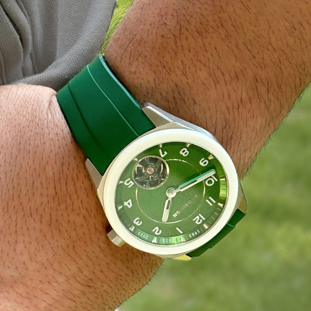 MEDALLION  The Cricket Watch | World Cup Edition | Silver with Green FKM Strap