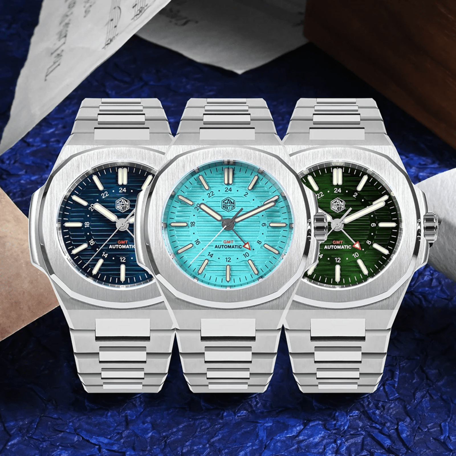 San Martin 43mm GMT Classic Business Luxury Watches SN075 - Sunray Blue san martin watches india online