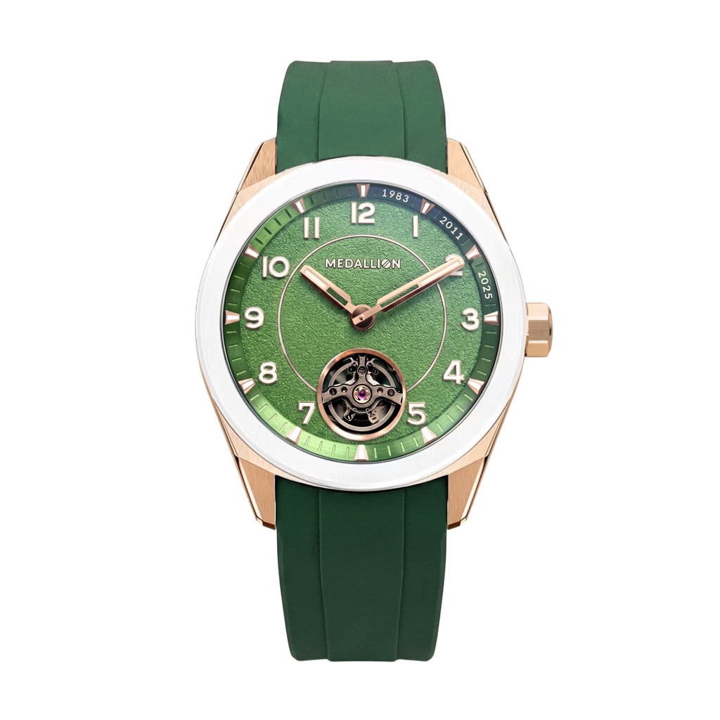 MEDALLION  The Cricket Watch | World Cup Edition | Rose Gold with Green FKM Strap