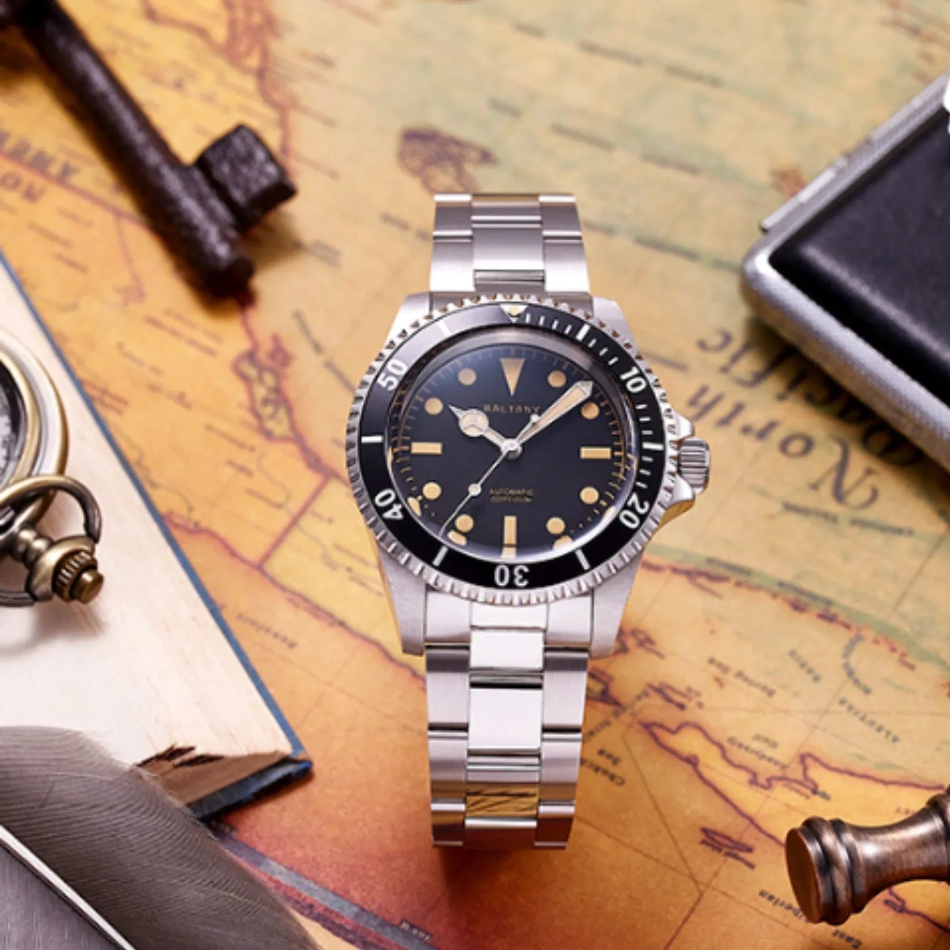 39mm Baltany NH38 Automatic Retro Diver Watch D3043AB - DREAM WATCHES