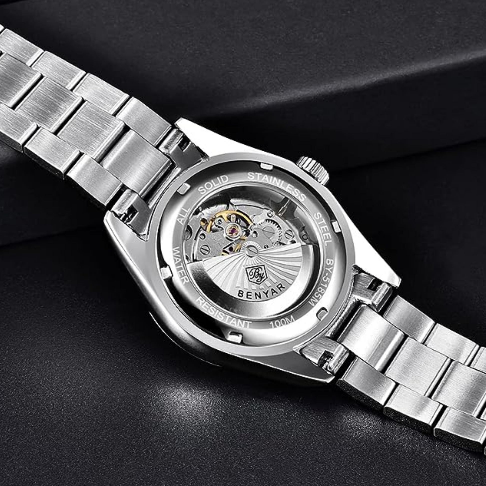BENYAR Classic Men's  Watch Stainless Steel Strap Waterproof Luminous Simple Business Sports Wristwatch - Green Dial