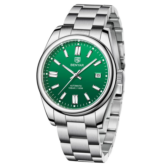 BENYAR Classic Men's  Watch Stainless Steel Strap Waterproof Luminous Simple Business Sports Wristwatch - Green Dial
